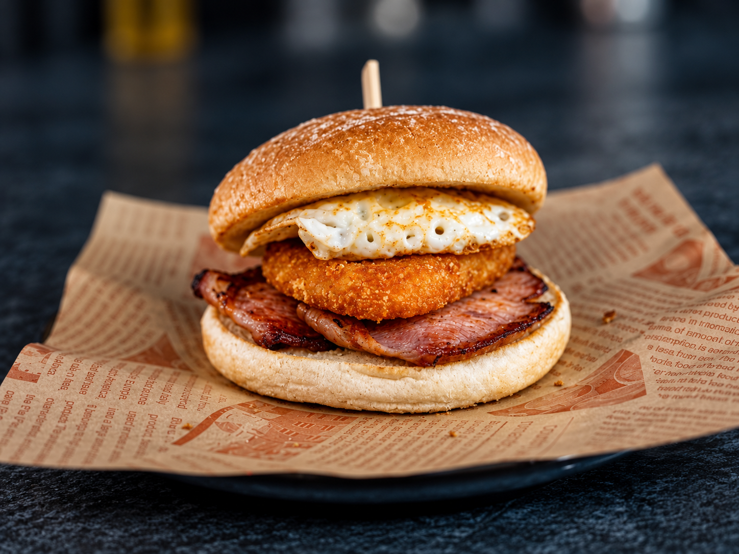 Bacon, egg and hash brown breakfast bap at The Kitchen