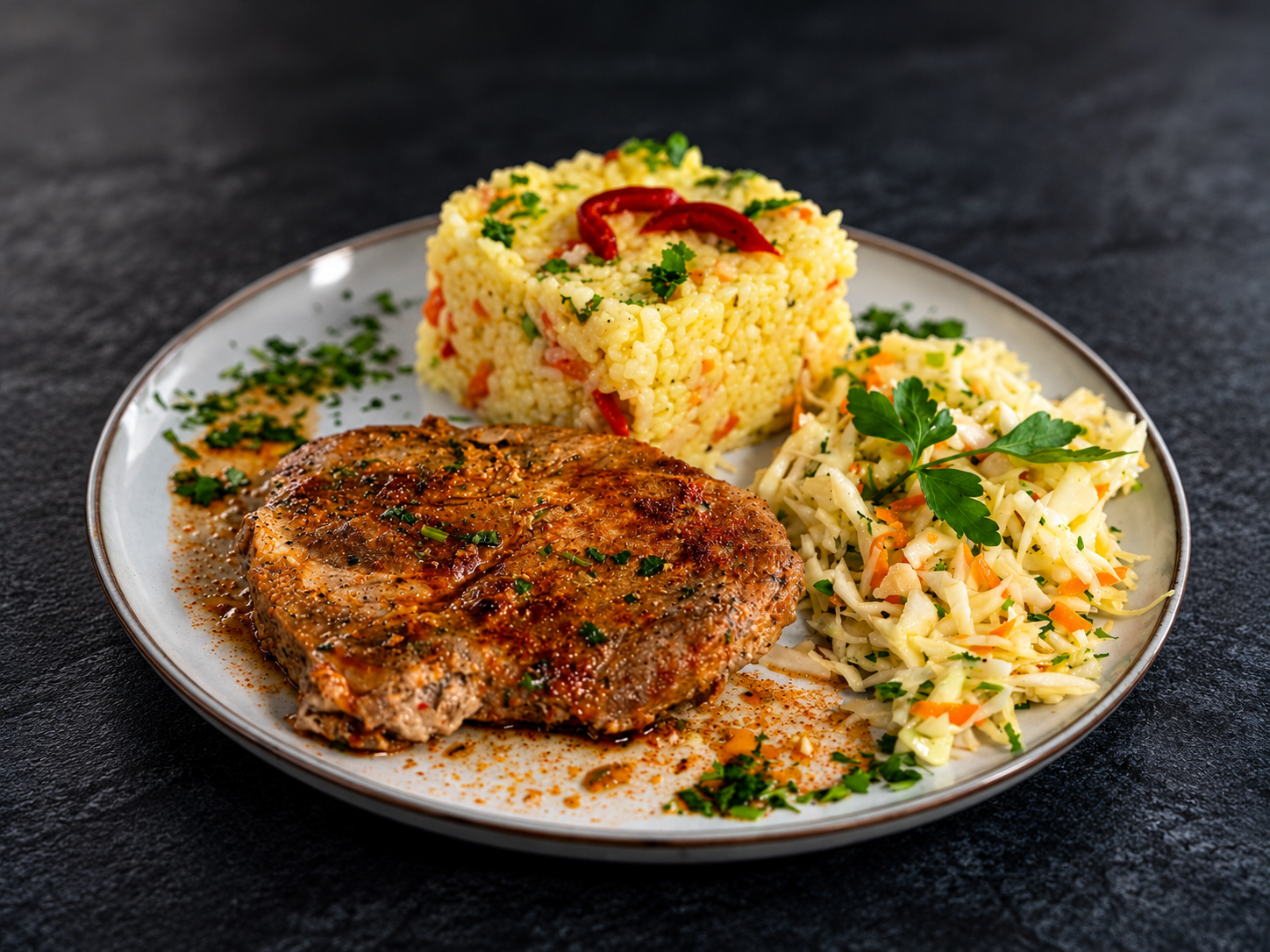 Pork steak with vegetable rice and salad at The Kitchen Plymouth